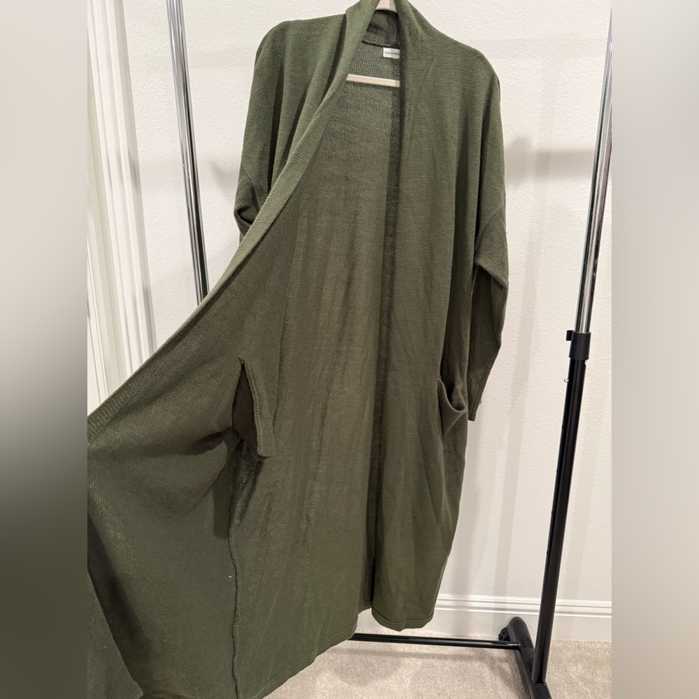 Calvin Klein Women's Open-Front Long Cardigan Duster - Thyme Size L - Picture 3 of 9